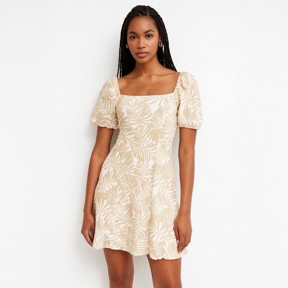 Livvely Lumina Dresses & Skirts - A313 • Beige Tropical Leaf Puff Sleeve Mini Dress